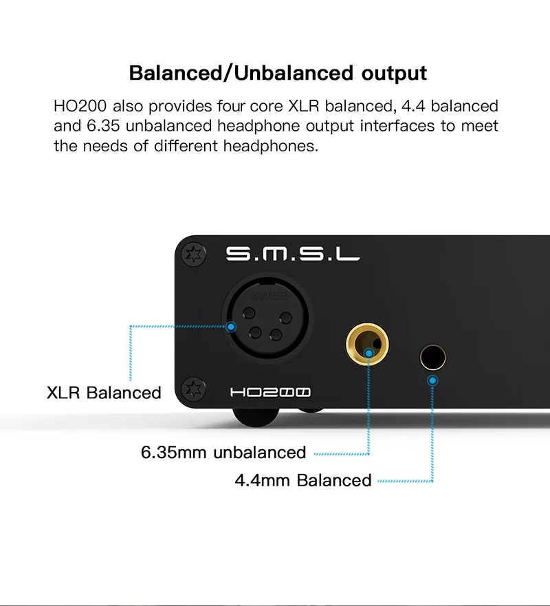 SMSL HO200 HiRes 헤드폰 앰프, 하이엔드 프리 앰프, XLR 밸런스 4.4 밸런스 6.35mm 출력용, 16 옴, 6W, 32 옴, 3W RCA PRE 출력