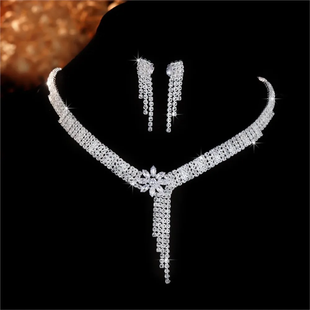 Cross-Border Jewelry, Women'S Fashion Double Diamond Zircon Necklace, Earrings, Chain, Wedding Dress Accessories Three-Piece Set