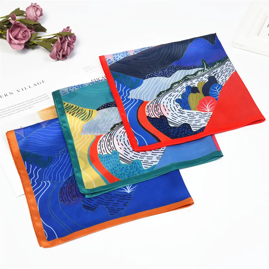 53cm Spring Silk Scarves Women Hand Painted Mountains And Rivers Summer Square Scarf Kerchief Brand Neckerchief For Ladies