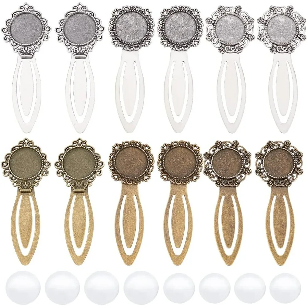 24 Pcs 3 Styles 2 Colors Bookmark Pendant Tray Kit, Including 12 Pcs Tibetan Style Bookmark Cabochon Settings 12 Pcs Dome