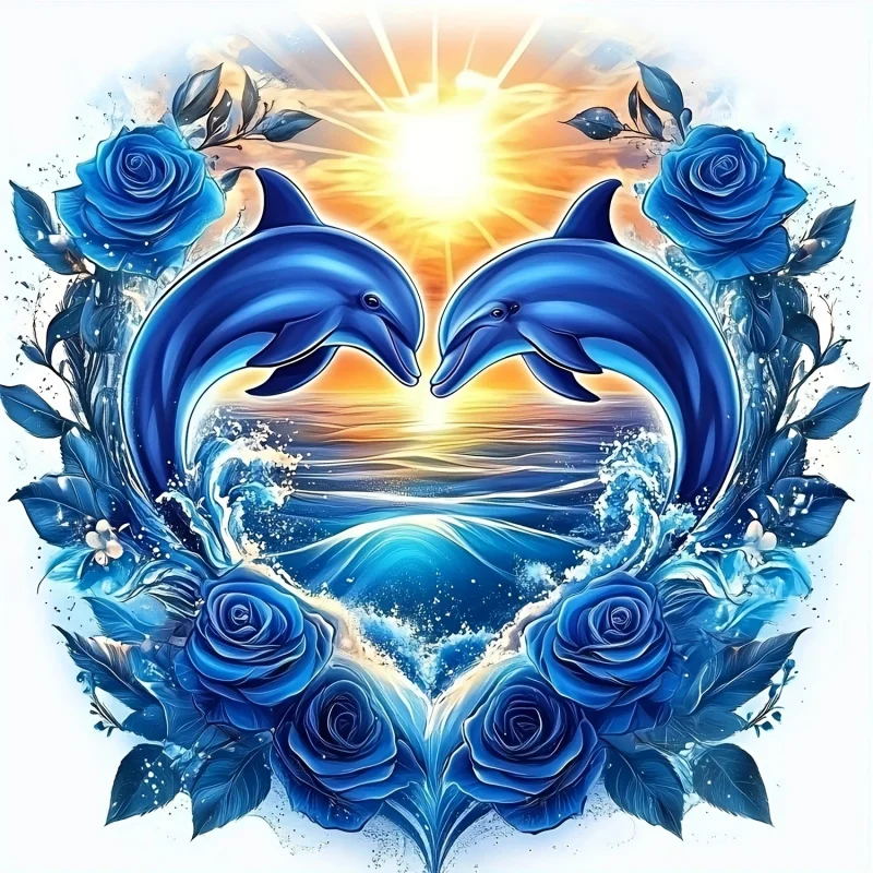 Diamond Painting Set, Dolphin Love Pattern, Round Diamond Full Diamond Art, Multiple Specifications to Choose From, Frameless