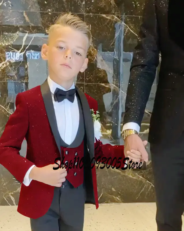 Trajes rosas brillantes para niño, esmoquin de 3 piezas de boda, chal con solapa, trajes de fiesta de graduación para niños, ropa Formal (chaqueta +