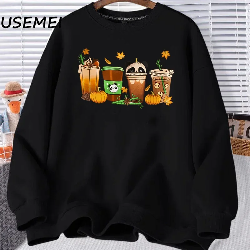 

Panda Fall Sweatshirt Pumpkin Fall Coffee Halloween Crewneck Weatshirts Autumn Thanksgiving Spooky Coffee Hoodies Women's