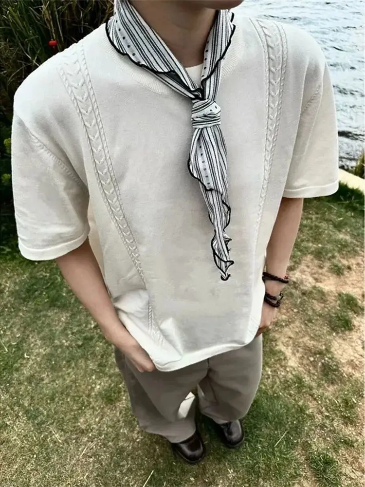 

Solid Color Knitted Retro Short-sleeved Simple Round Neck Summer Men's Top with The Same T-shirt Loose Half-sleeved