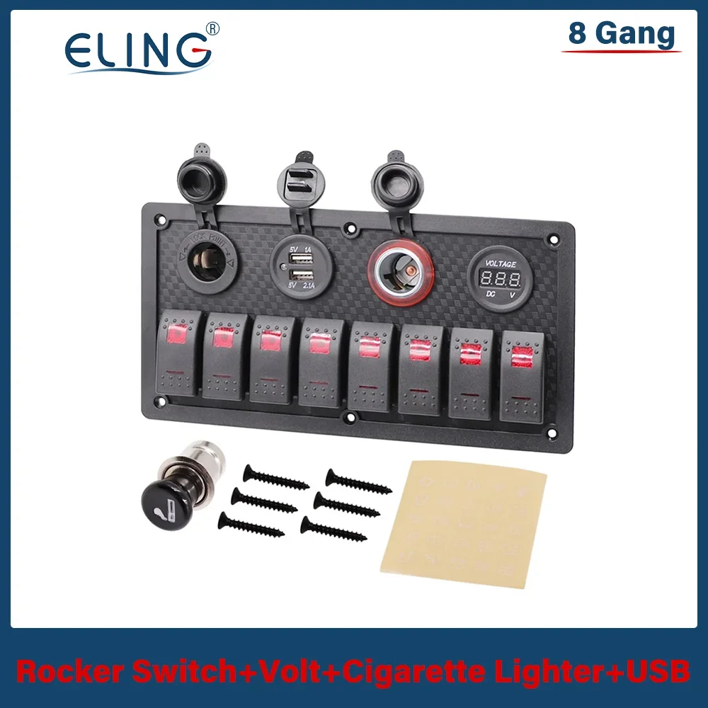 ELING Rocker Switch 8 Gang Switch Panel LED Voltage Display 1A 2.1A Dual USB Charger Cigarette Lighter Truck Boat Car Ship