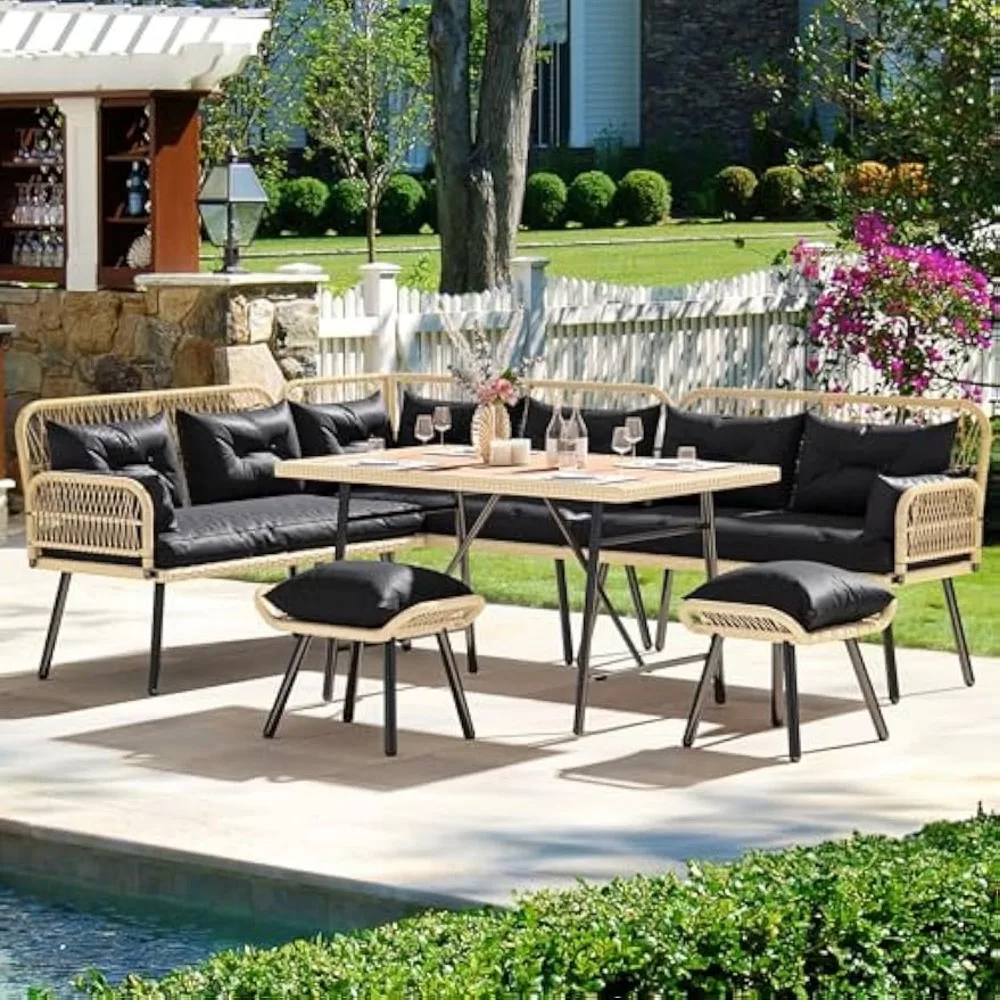 Patio Wicker L-Shaped Furniture Set, All-Weather Rattan Outdoor Conversation Sofa Set for Backyard Deck with Soft Cushions