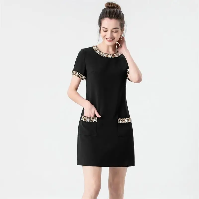 

Women Dress High Quality 2023 Summer O-Neck Short Sleeves Beading Casual Mini Dresses Vestidos NP1921N