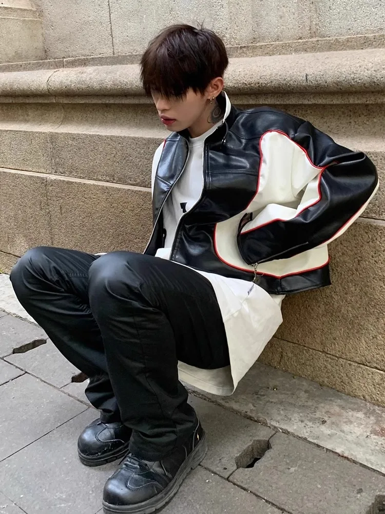 American Style Color Matching High-End Motorcycle Jackets Men 2025 Autumn New Loose Fit Stylish Coats Trendy PU Leather Jackets