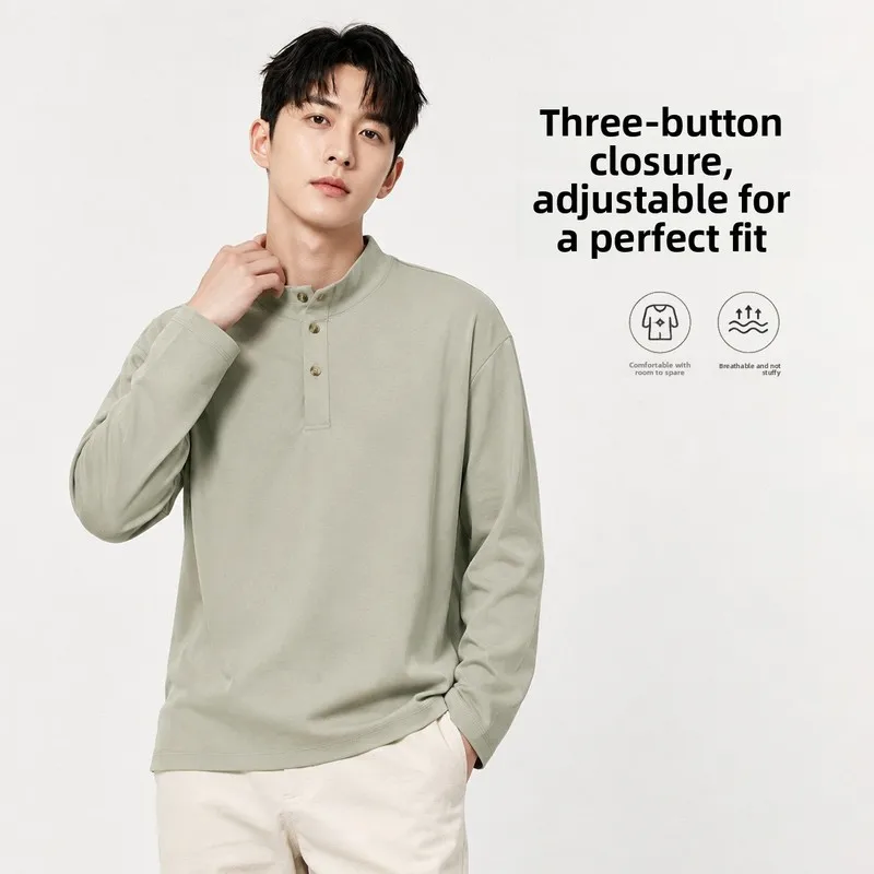 QICHE New Chinese Mock Neck Henley T Shirt Unisex 250G Simple Long Sleeve Top