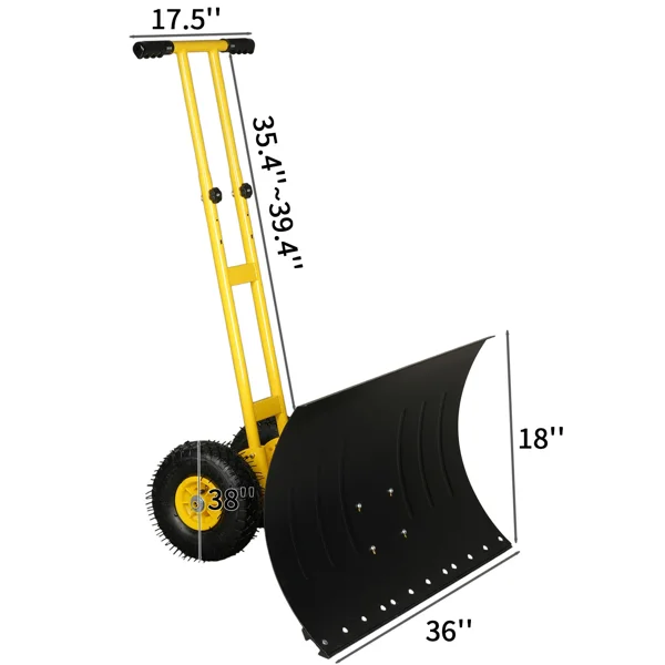 Manual Snow Pusher Cart 36x18in H Handle Black Iron Blade Yellow Wheels Wheeled Snow Removal Tool for Yard Driveway Winter Cleaning