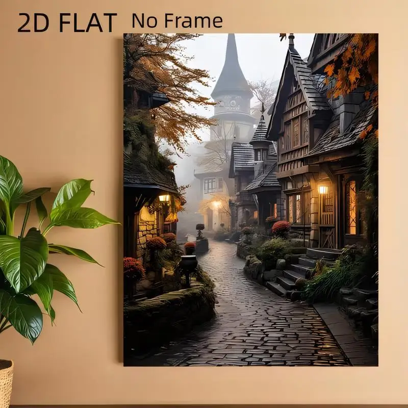 2D Flat No Frame, Enchanted Medieval Town Autumn Wall Art - Cobblestone Path, Timber Houses, Warm Lights, Misty Fall Scene, Fair