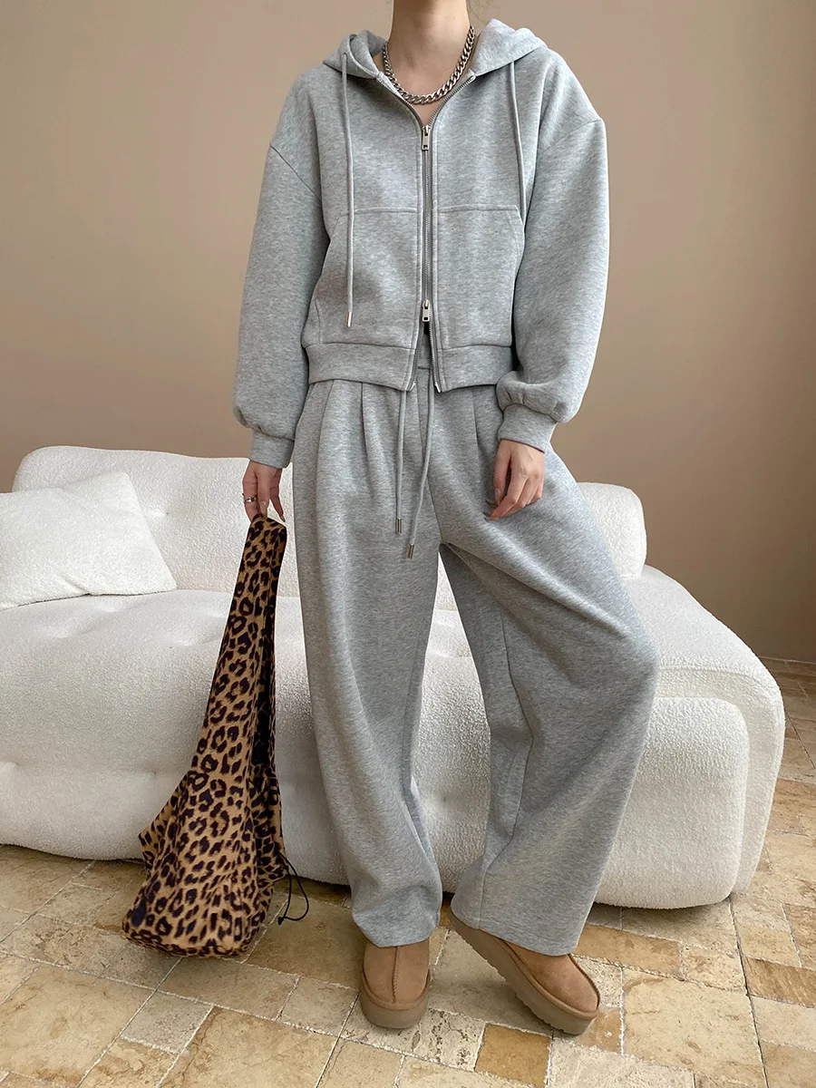 

Early autumn new lazy style relaxed hooded sweatshirt jacket wide leg pants sports suit
