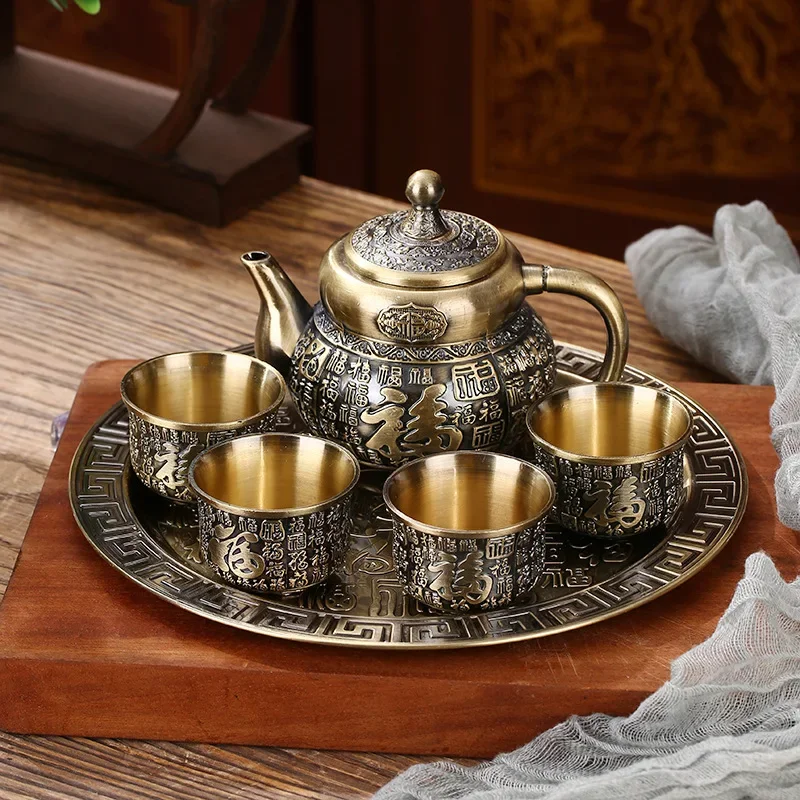 

6-piece European-style Bronze Tea Set Retro Metal Teapot Teacup Set Alloy Teacup Wine Glass with Tray Teapot Birthday Gift Box