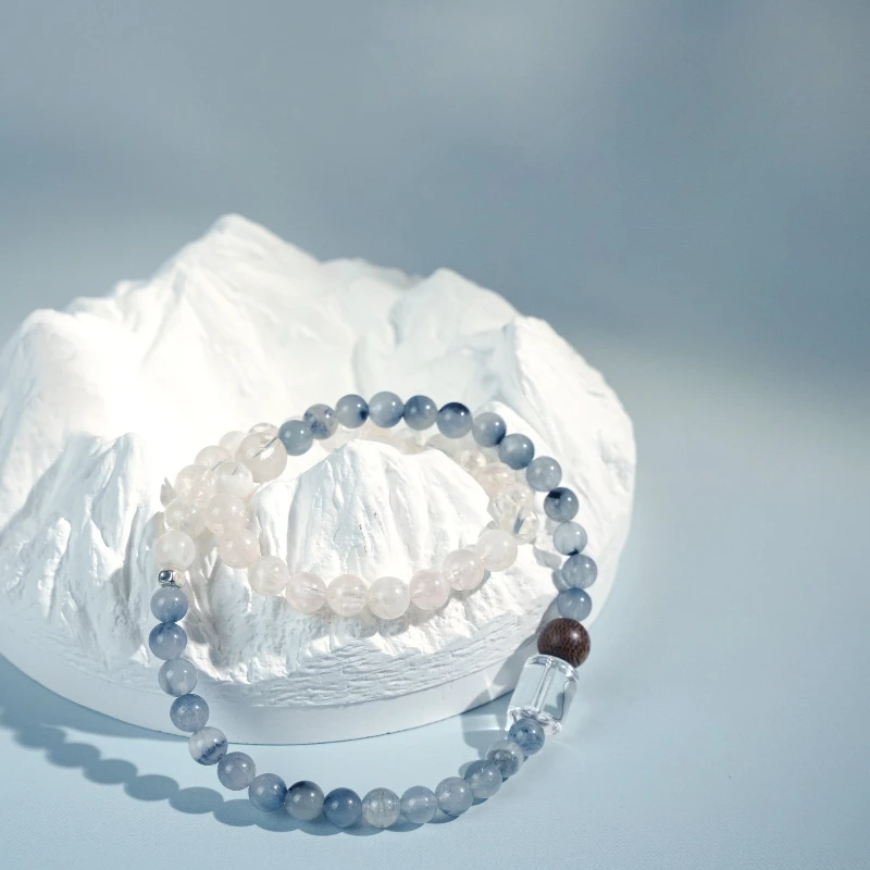 Chinese Style Natural Blue Rabbit Hair Snowflake Phantom Crystal Layered Bracelet Lucky Fortune Blessing Wealth Draw Gift For