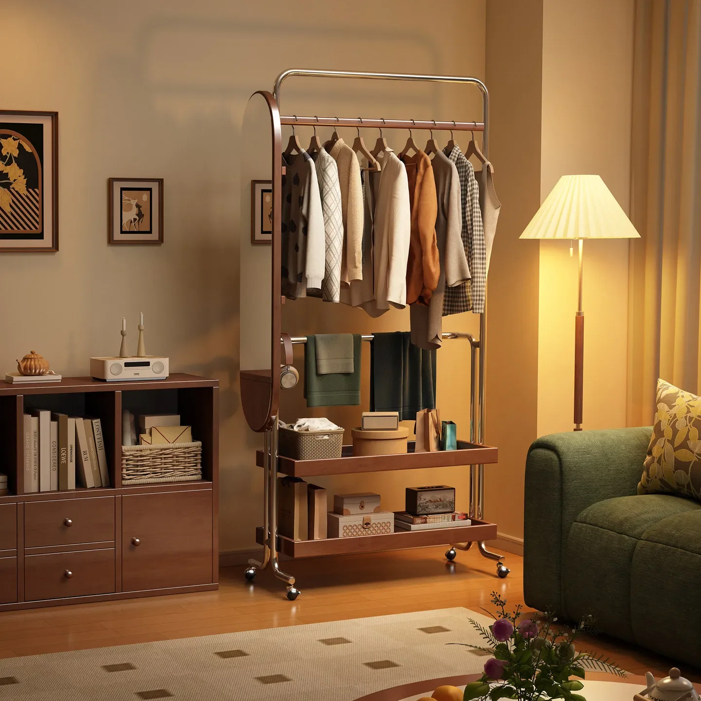 Solid wood movable floor coat rack, storage rack, small apartment with pulley metal full-length mirror, integrated hanger