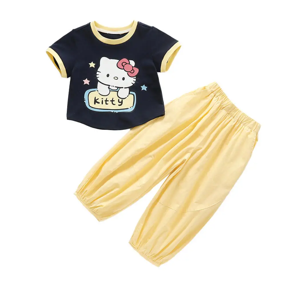 

Летний костюм Sanrio Hello Kitty 2026, штаны с короткими рукавами для маленьких девочек, противомоскитные штаны, 2 шт., милые детские повседневные штаны, детская одежда