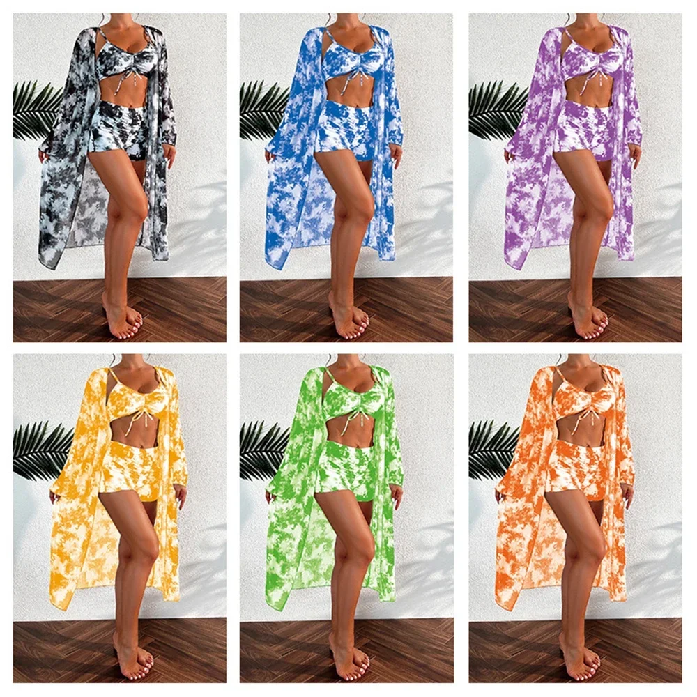 Women Bikini 3 Piece Set Tie-dye Art Printing Sexy High Waisted Ruched Swimsuit + Long Sleeved Cover Up 2024 Black Beachwear