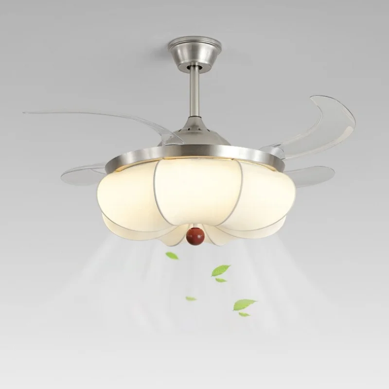 

French style invisible fan leaf bedroom light 2025 new pumpkin fabric restaurant ceiling fan light