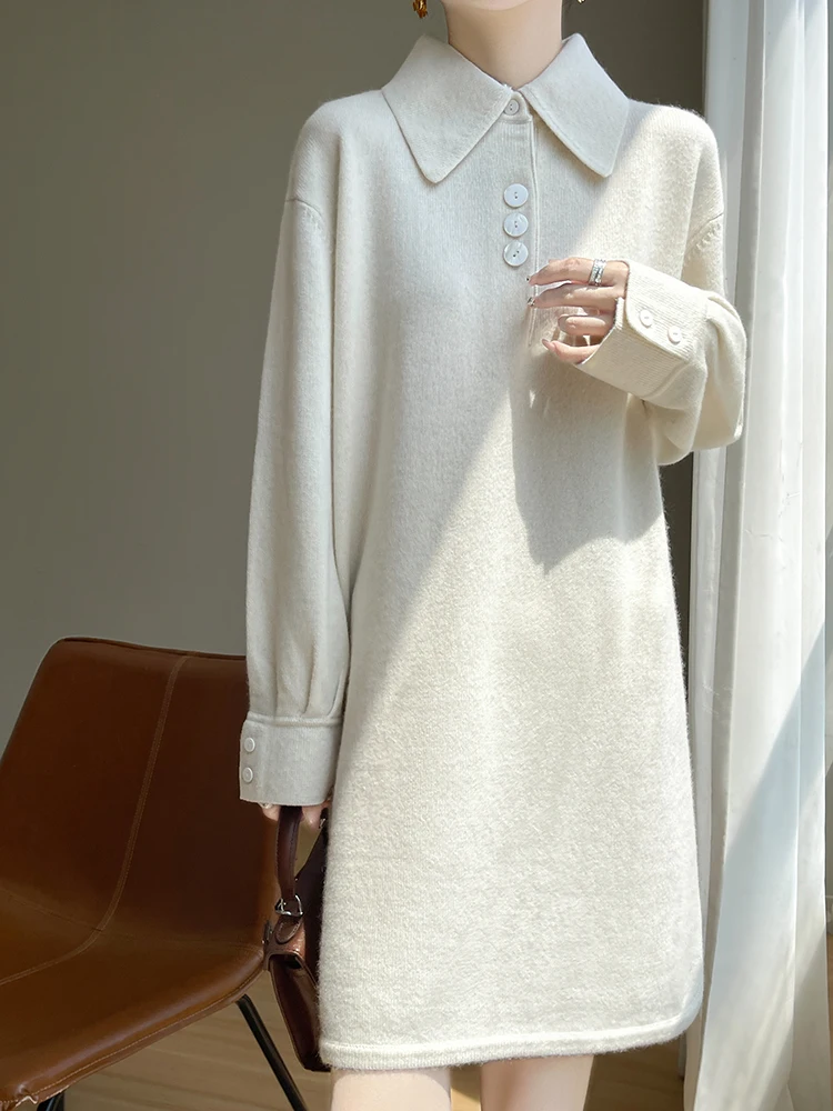 Abito da donna in cashmere maglione colletto POLO gonna pullover autunno inverno chic abito camicia manica lunga maglieria in lana australiana al 100%