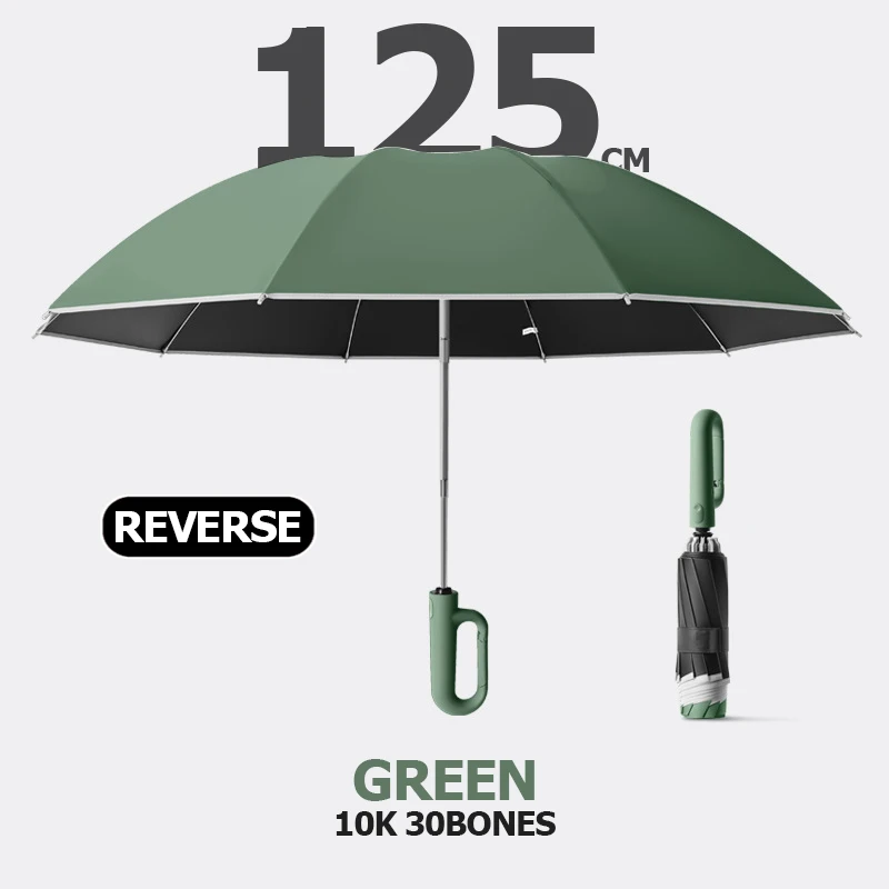 Großer, winddichter, starker Regenschirm mit reflektierendem Streifen, umgekehrter, automatisch faltbarer UV-Regenschirm für Regen, Sonne, Karabiner, Griff, Luxus
