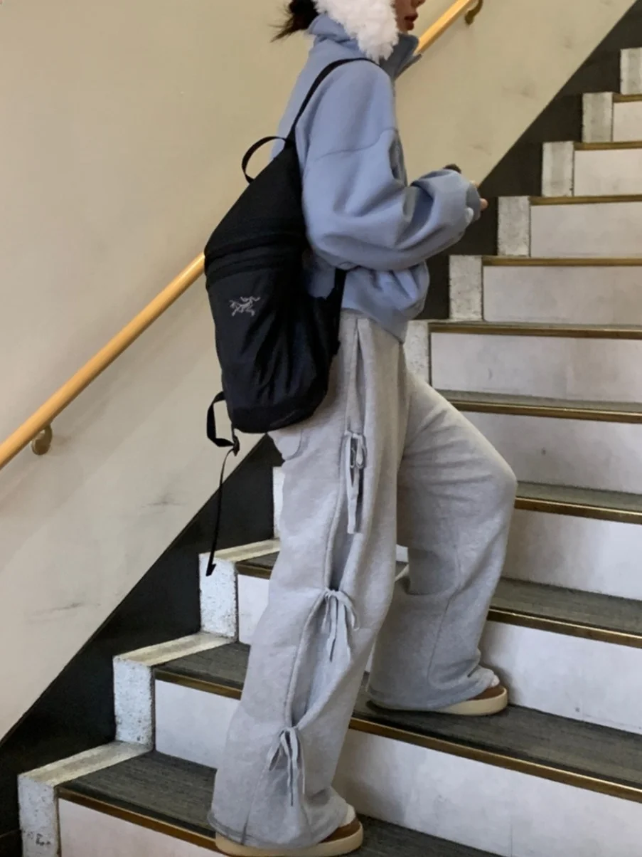 Fce Lined Autumn Winter  Knot Waist Sports Pants Wide Leg Casual Trousers Long Pants Women's Faion Streetwear