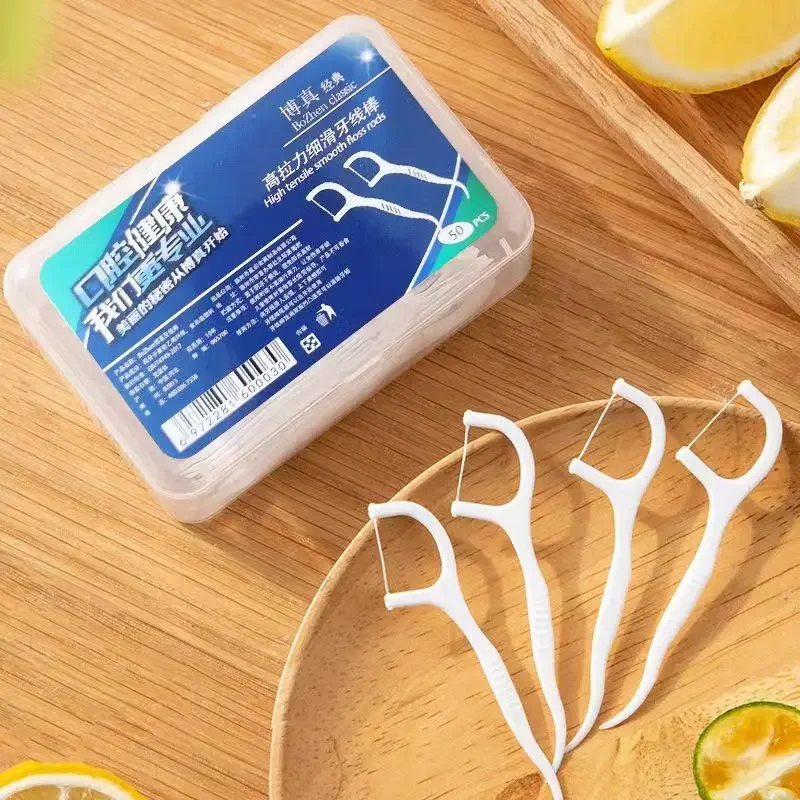 Palito de plástico descartável portátil, de alta tensão Dental Floss Stick, Dental Floss Box, acessório de cuidados orais, 50pcs por caixa