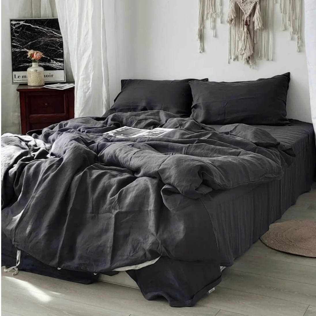 

Pure Linen AB Side Dark Grey White Bedding Set, Soft and Breathable 1 Duvet Cover And 2 Pillowcases, Zipper Quilt Cover King