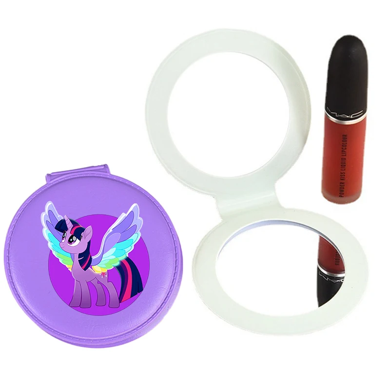 Kawaii My Little Ponys 화장품 돋보기 메이크업 거울 귀여운 애니메이션 라운드 포켓 컴팩트 메이크업 룩 유리 키 체인 포함 New