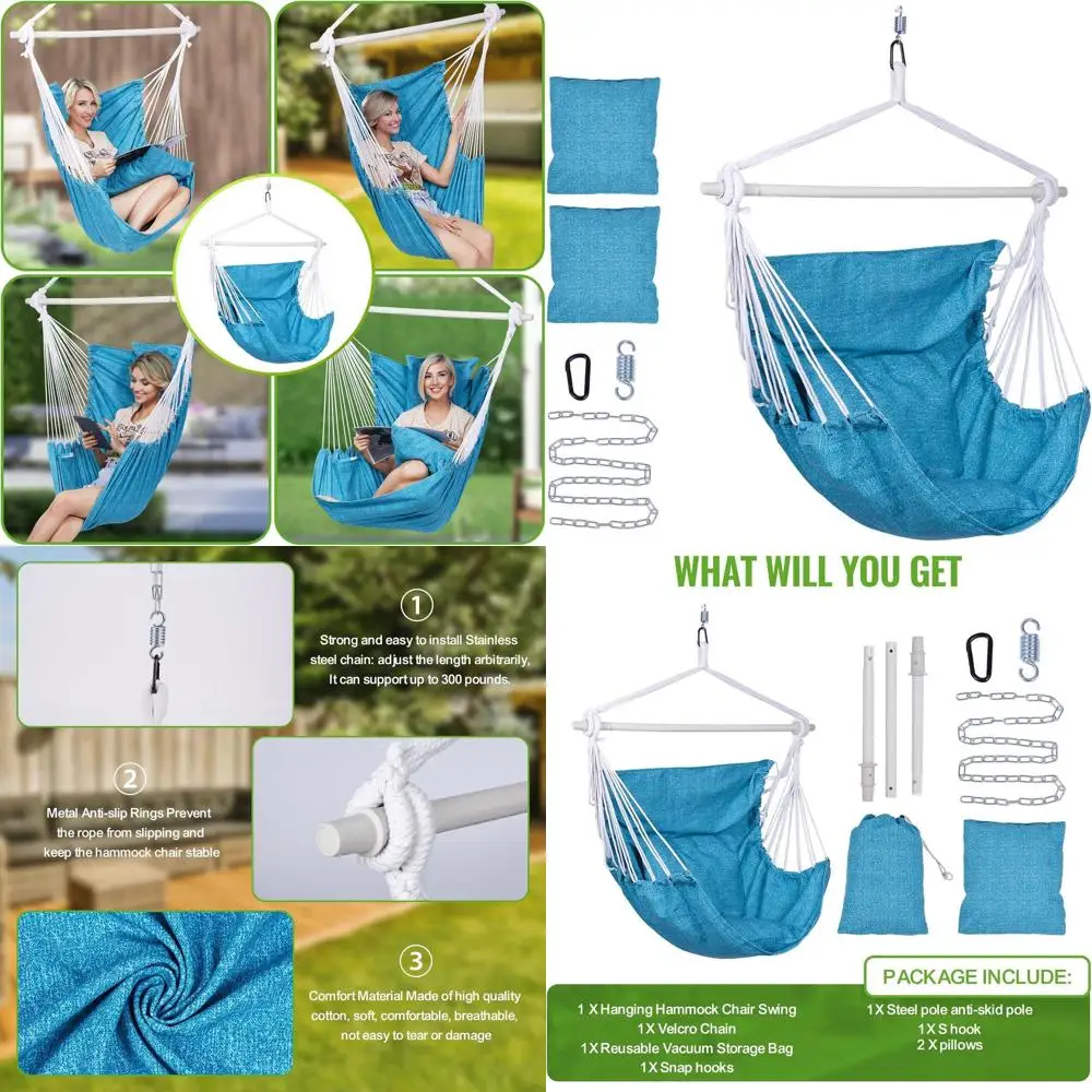 

Outdoor Hanging Hammock Chair with 2 Cushions, Anti-Slip Bar, and Rope Swing