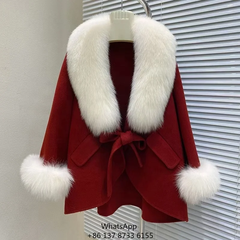 

Женское двустороннее шерстяное пальто-накидка с воротником из цельного лисьего меха, новая шерстяная ткань