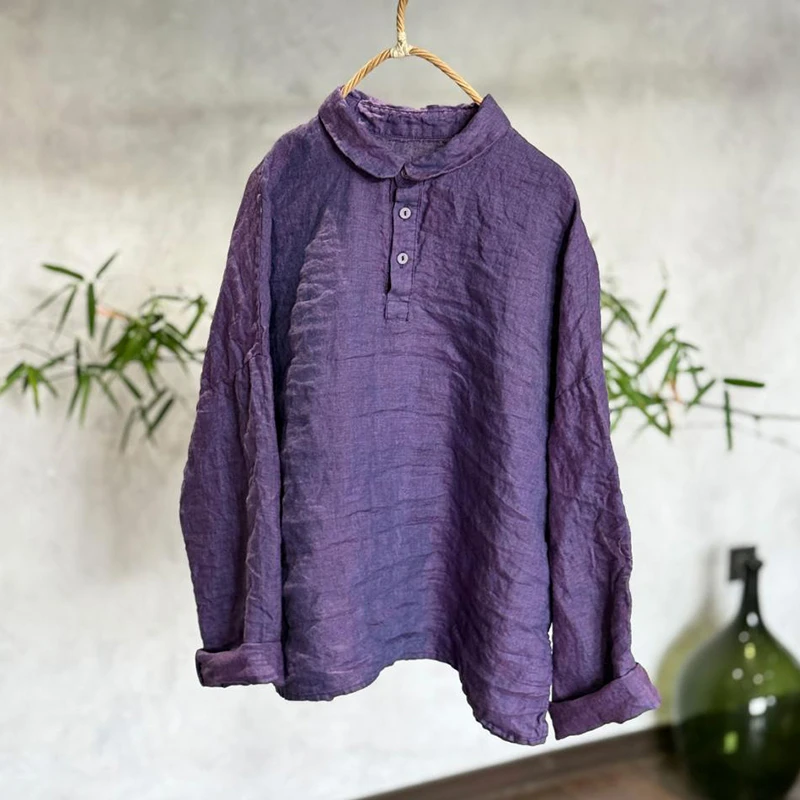 100% Linen Women Long Sleeve T-shirts New Arrival 2026 Autumn Vintage Style Turn-down Collar Loose Female Casual Tops Tees M2962