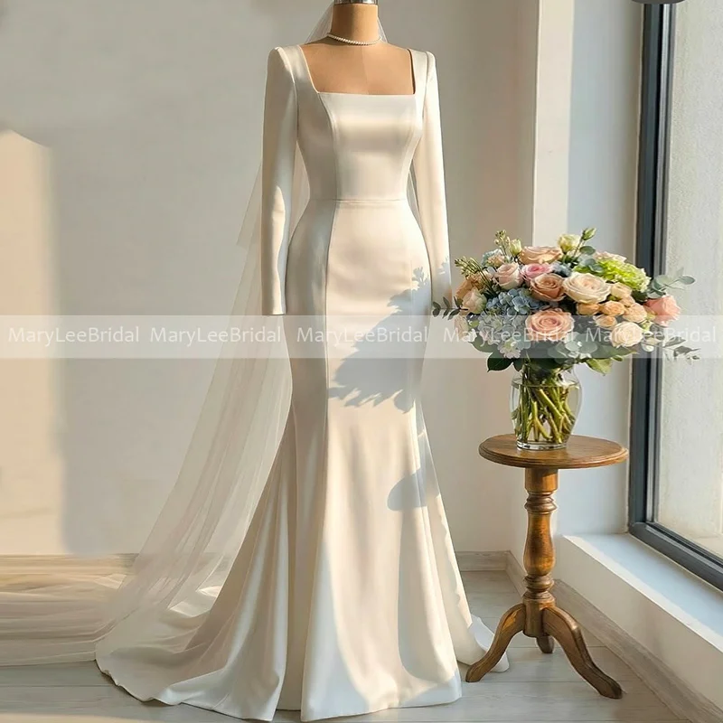Minimalism Satin Wedding Dress with Long Sleeves Modern Square Collar Plain Satin Mermaid Bridal Gowns Robe De Mariee Customized