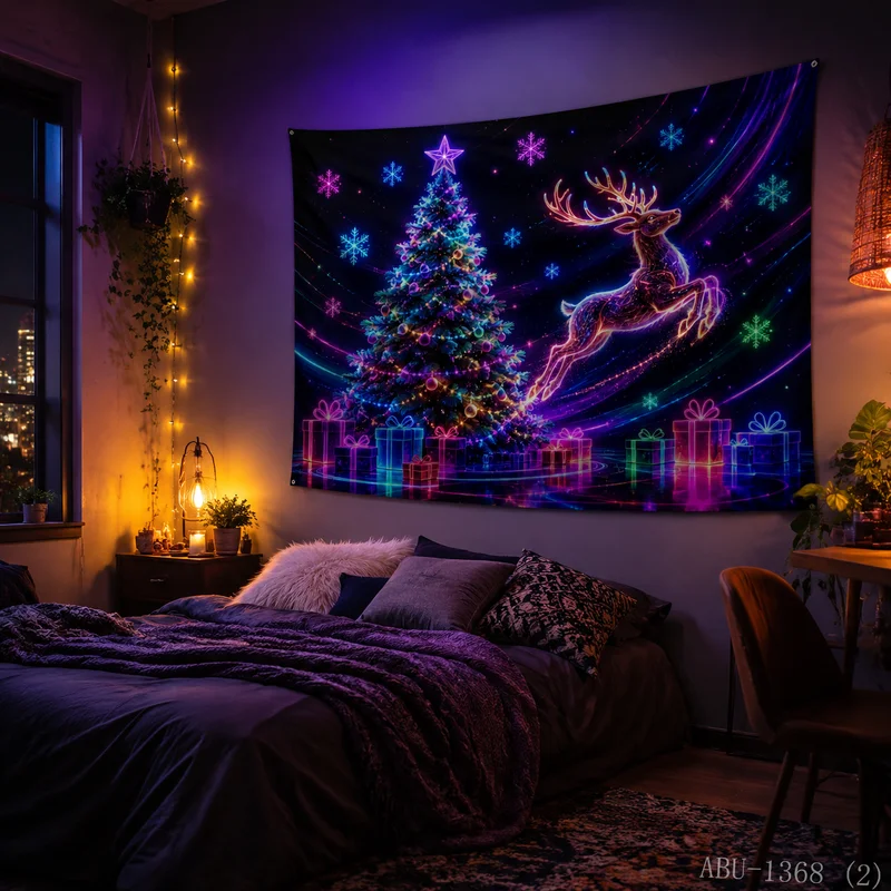 VIKAMA Neon Rainbow Tree Jumping Reindeer Gift Snowflake Light Trail Starry Christmas Tapestry Bedroom Living Room Dorm Home