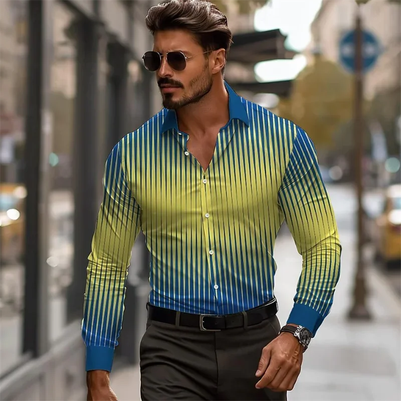 

2025 Business Casual Men's Line 3D Printed Shirt Formal Spring Summer Lapel Long Sleeve 9 Colors Stretch Fabric Shirt XS-6XL