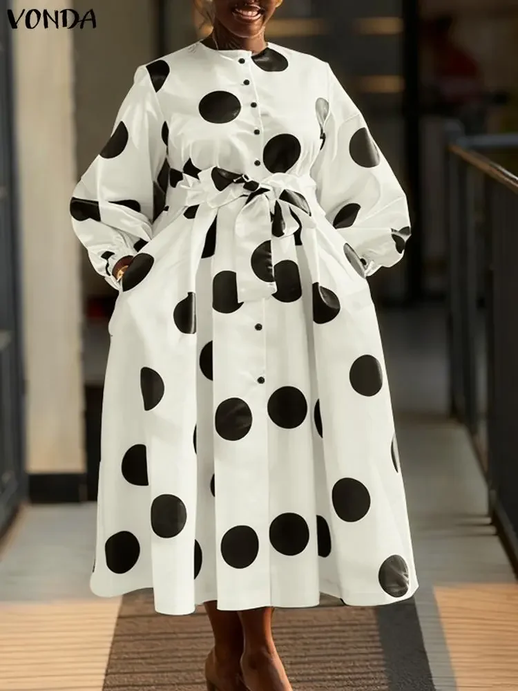 Plus Size 5XL VONDA Bohemian Women Polka Dot Abito lungo femminile Manica lunga a lanterna Stampa Party Robe Con cintura Casual Allentato Vestido