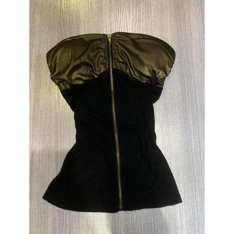 

Y2k Aesthetic Patchwork Strapless Vest Women Vintage Sexy Streetwear Zipper Vest Harajuku Gothic Sexy Backless Grunge Tank Top