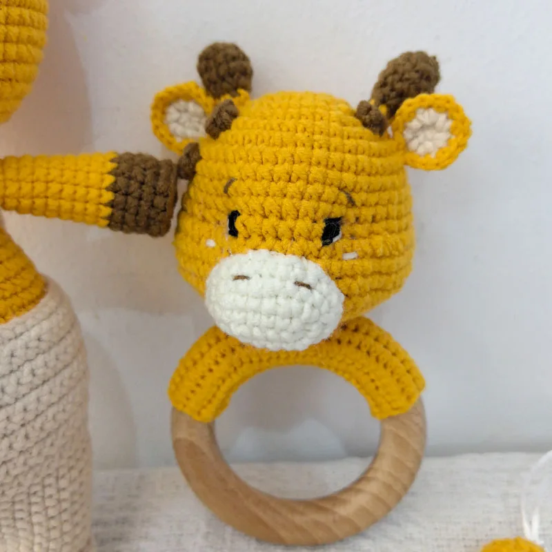 Crochet Giraffe Baby Rattle Newborn Bunny Rattle Toy Wooden Molar Teething Ring Pacifier Clips Chain Set Baby Stuff Dolls