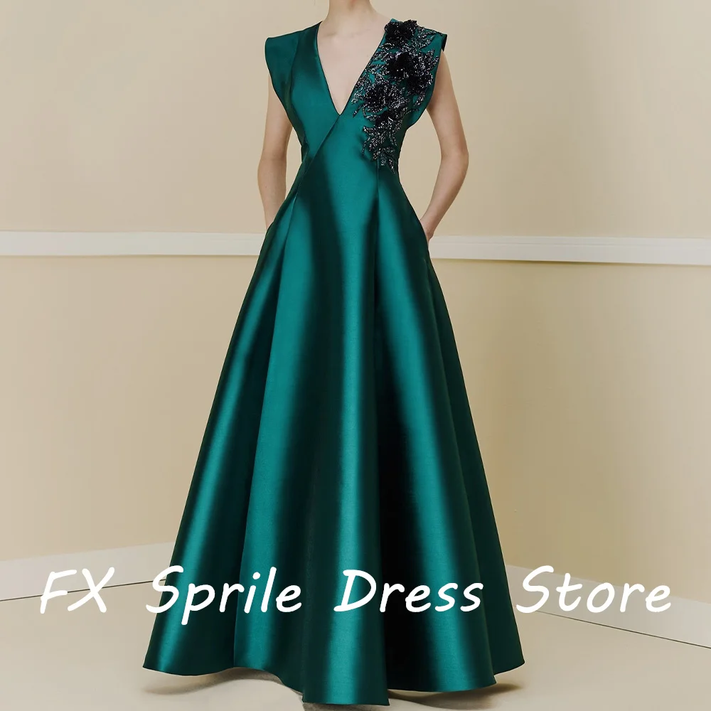 CustomizedV Neck A-Line Sleeveless Satin Floor Length Zipper Back Applique Ruffles Sweep Train Exquisite Evening Dress For Forma