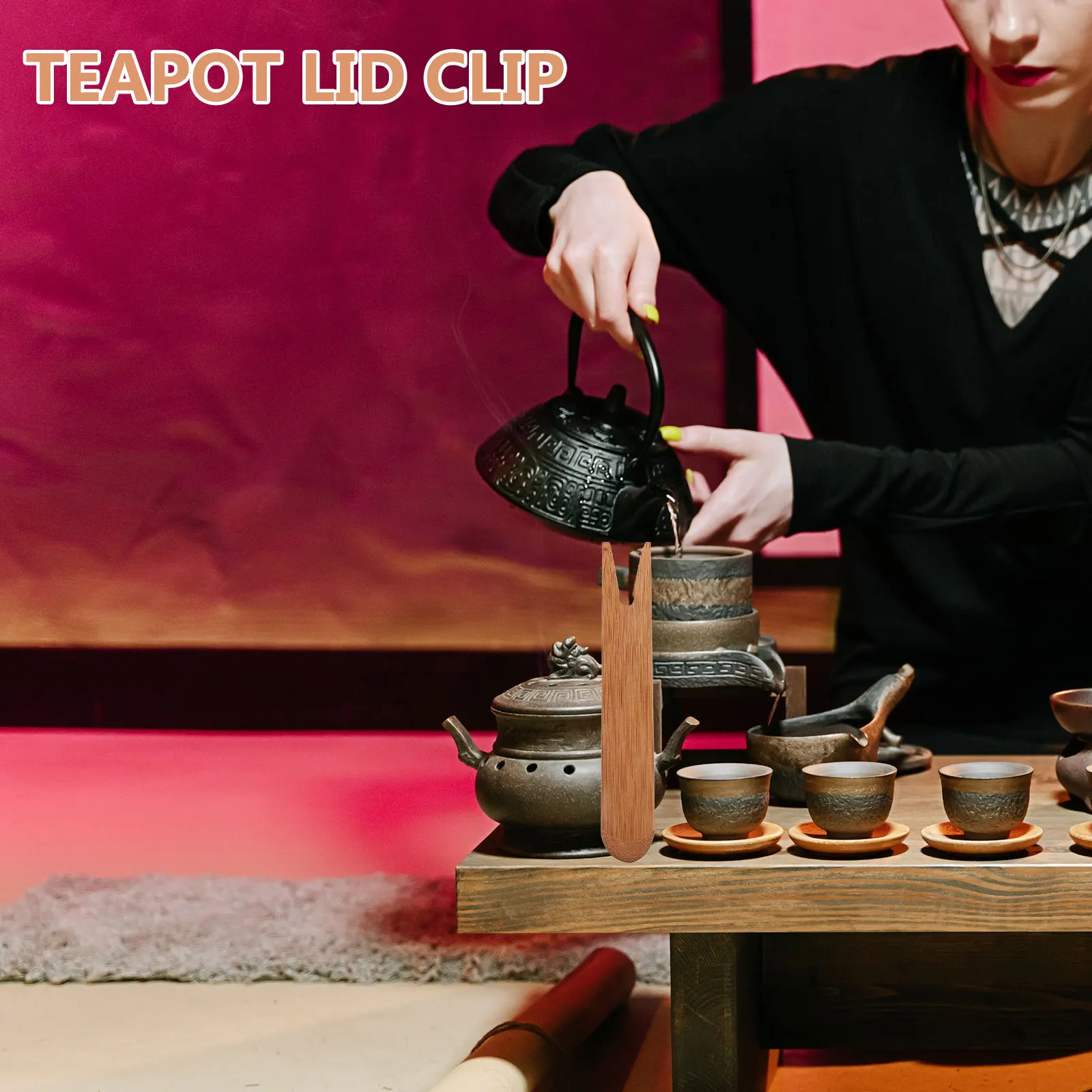 

Teapot Lid Clip Bamboo Handle Heat Insulation Nonslip Comfortable Clean Simple Design for Tea Kettle Cover Use