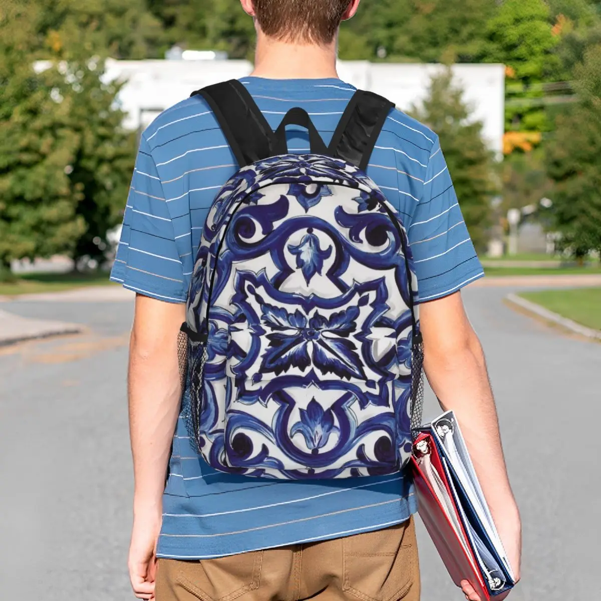 Blue Ornate Floral Mediterranean Sicilian Tile Backpack Student BookBag Boys Girls School Bag Computer Shoulder Bags