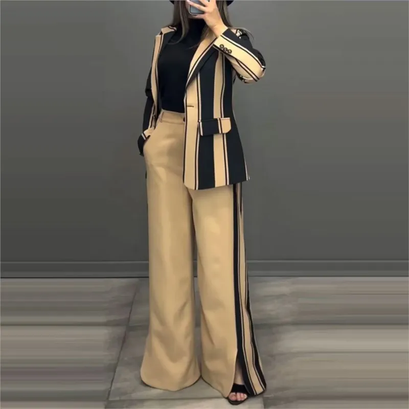 

2025 New Women's Fashion and Temperament Two-piece Set Elegant Striped Jacket + Wide-leg Pants Suit Set Office Ladies Commuting