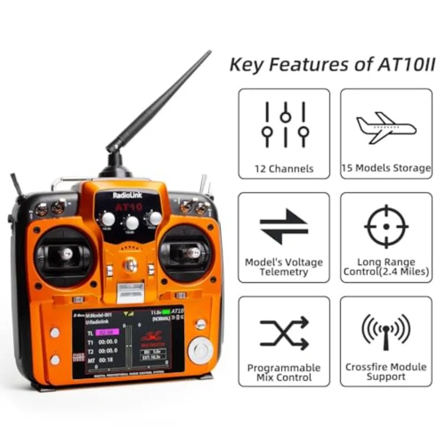 RC transmitter and receiver for airplane, drone, quad, helicopter, car, boat; ABS plastic, black; 12-channel, 2.4GHz, voltage t