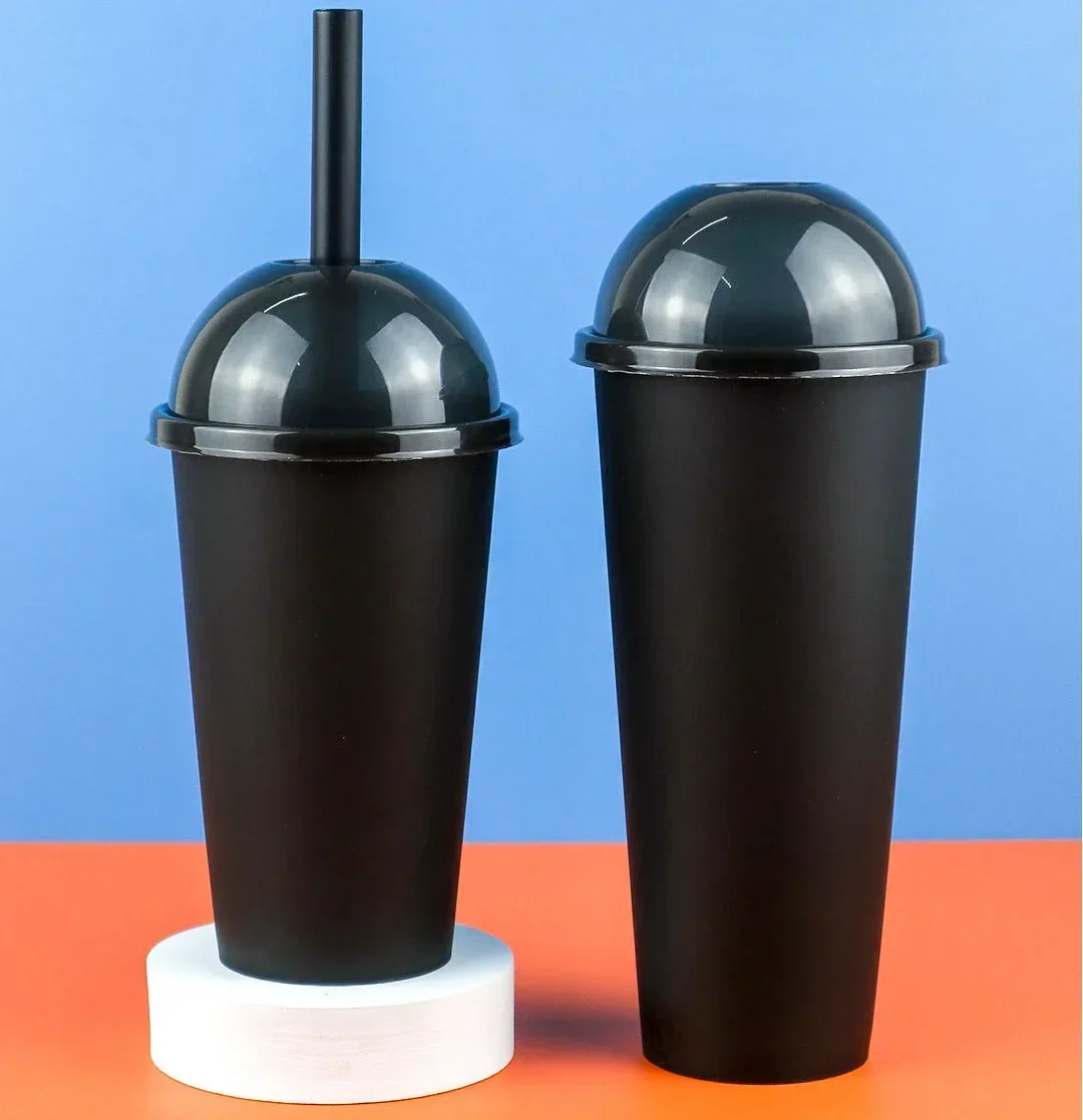 50pcs 25/ Black Frosted Milk Tea Coffee Cup Disposable 500/700ml Juice Mug 90 Caliber Beverage Plastic Packing Cup Lid Straw
