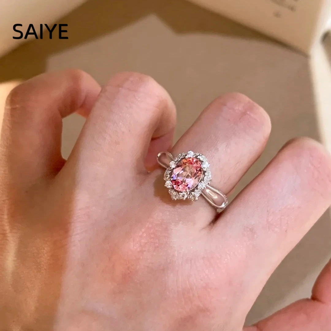 925 Sterling Silver Oval Pink Ring Hollow Split Shank Band Vintage Floral Zircon Surrounded Ring Women Elegant Fine Jewelry Gift