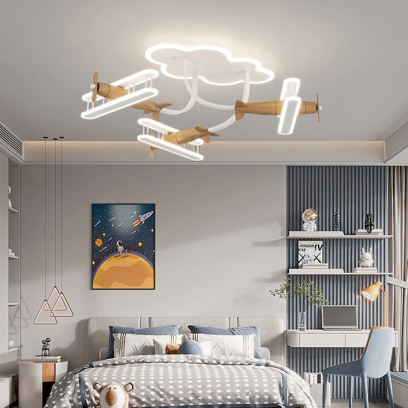 

Children's room lamp creative cartoon solid wood bedroom airplane light cream wind kindergarten smart ceiling lamp Zhongshan lam