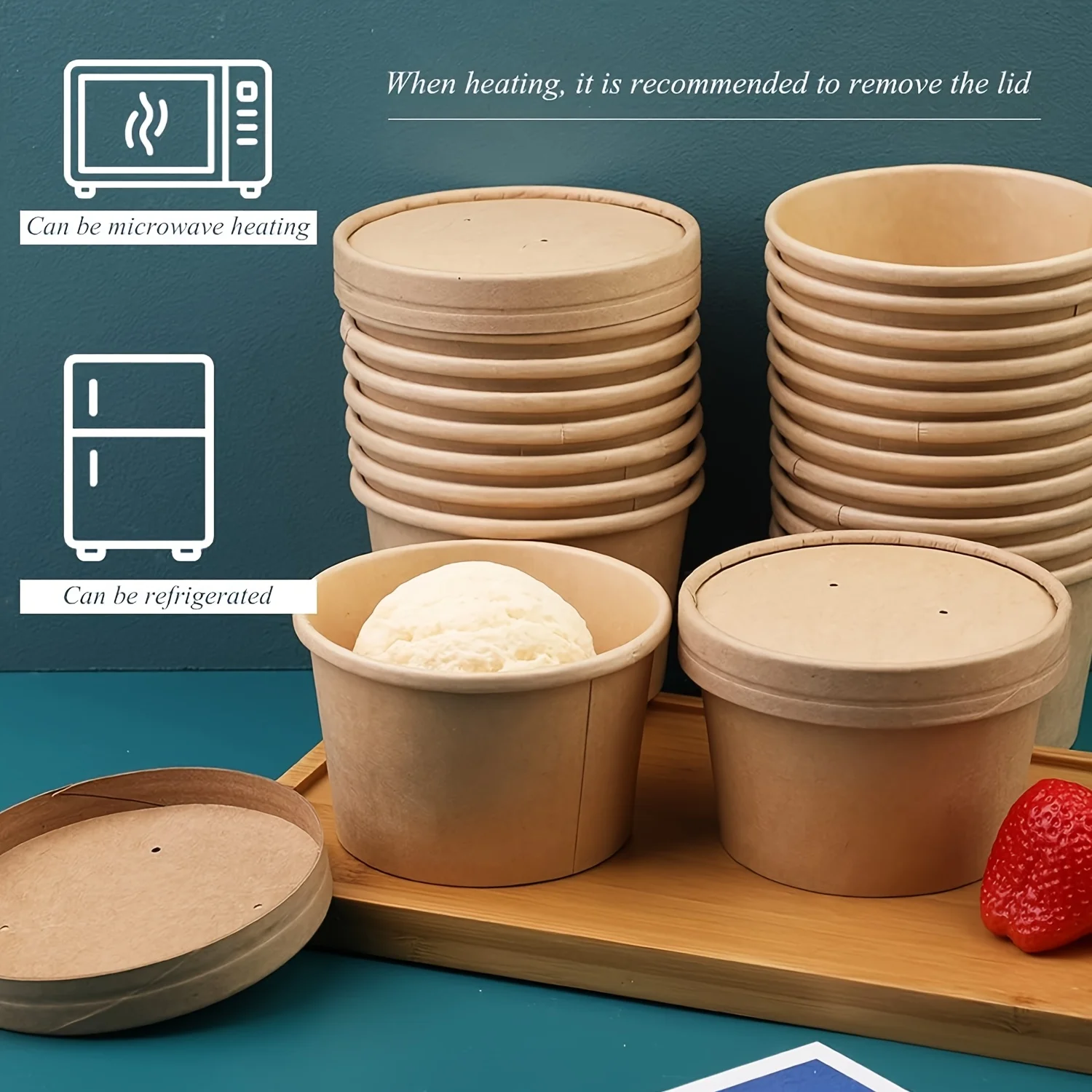 25/50 Pack 235ml/8oz Paper Soup Containers with Lids Disposable Food Containers Kraft Ice Cream Bowls Soup Cup Ice Cream Cups