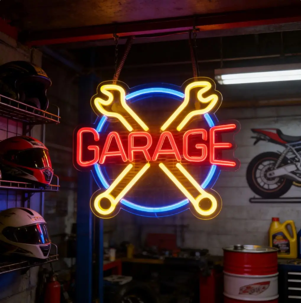 Garage Neon Sign Wrench LED Light Up Sign for Wall Decor USB Neon Light for Car Repair Shop Man Cave bedroom Decor Boys Gifts