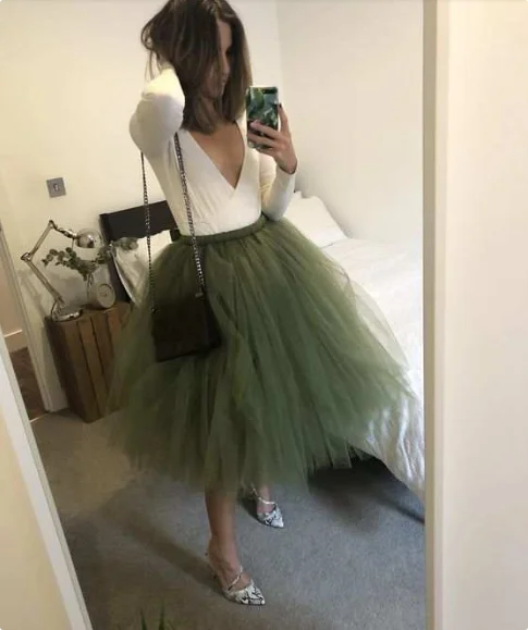 Army Green Puffy Tulle skirts  For Women TUTU  Skirts Tea Length Faldas Saia Custom Made Color And Size Tiered Fashion Skirt