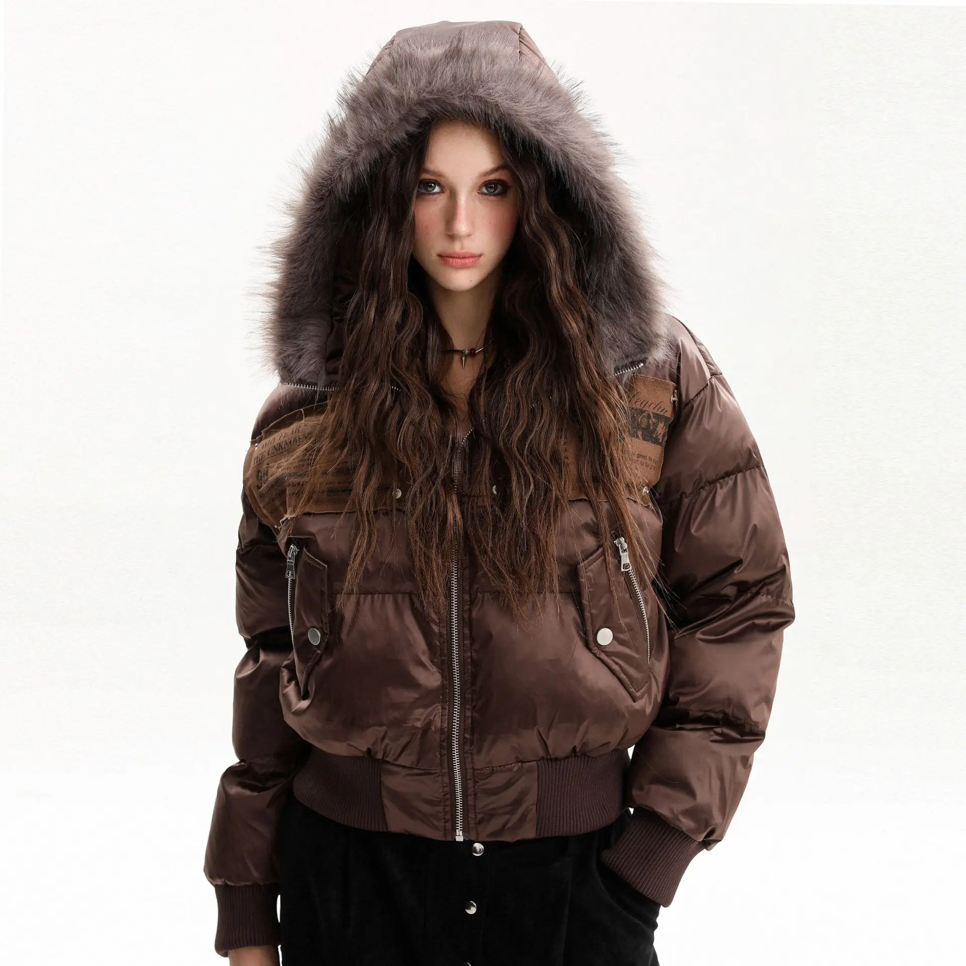 MWJLPWQ معطف الخبز الأمريكي العصري الذكور الفراء طوق تقسم التصحيح تصميم معدني ملابس علوية من القطن عادية نمط الشارع 2025 شتاء 21730 #5