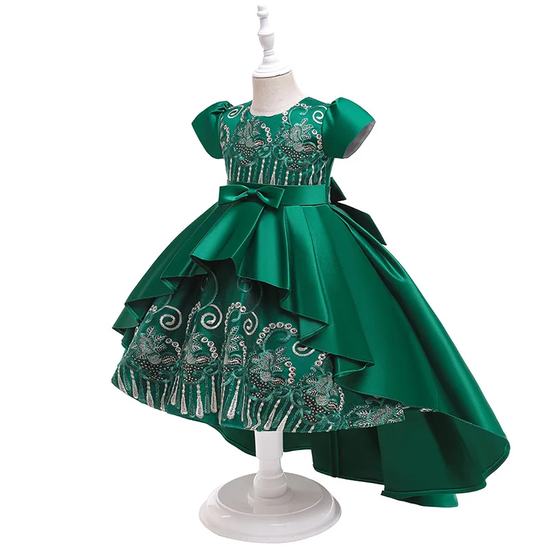 New Children Clothing Summer Short Sleeve Floral Print  Dress Satin Embroidered Tail Show Princess Dress Girls Dress